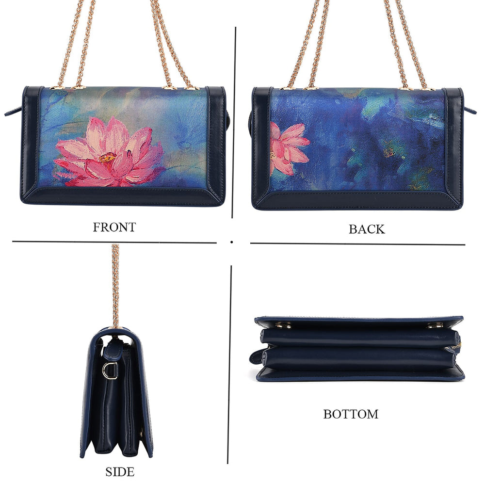 Where Artisans Give Silk a Soul - Limited Edition - Genuine Leather Crossbody Bag with Mulberry Silk Art - Blue - Pink