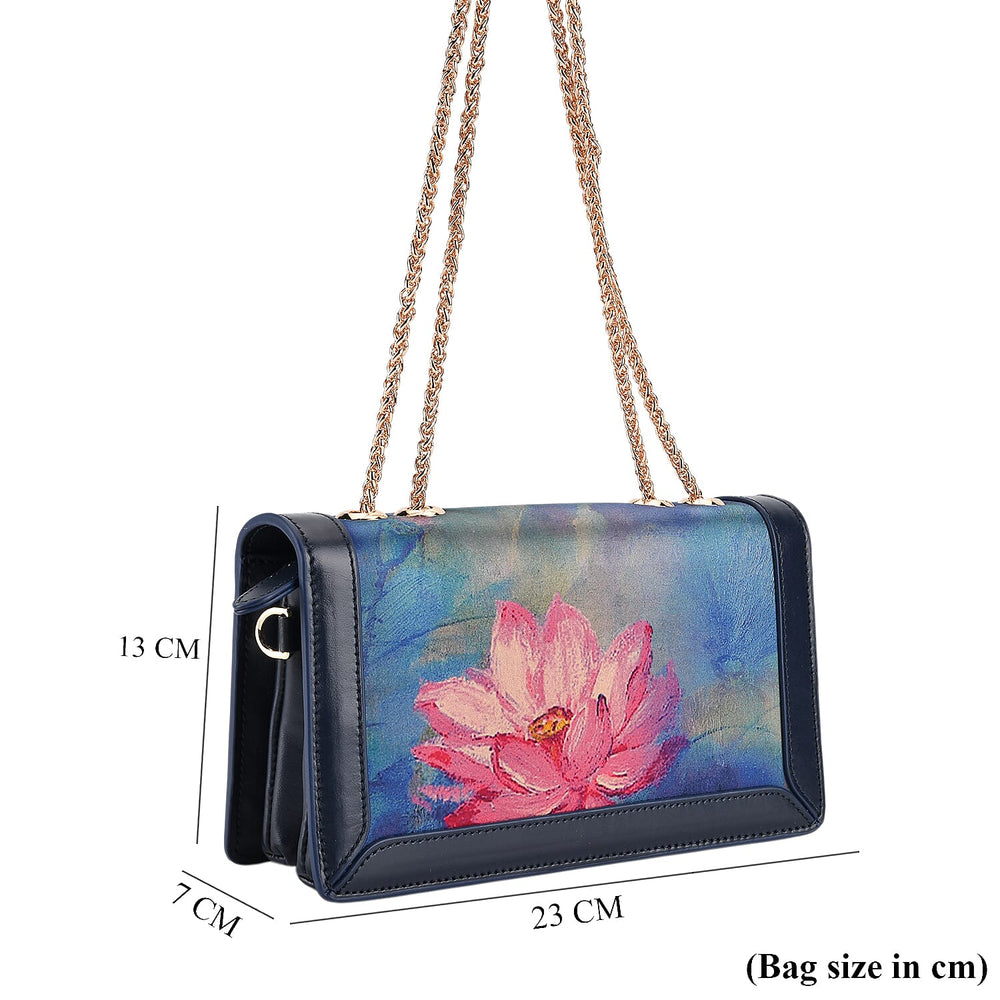 Where Artisans Give Silk a Soul - Limited Edition - Genuine Leather Crossbody Bag with Mulberry Silk Art - Blue - Pink