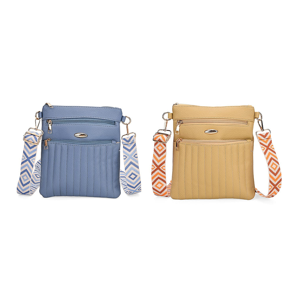 Set of 2 Quilted Crossbody Bags with Patterned Strap - Blue - Olive