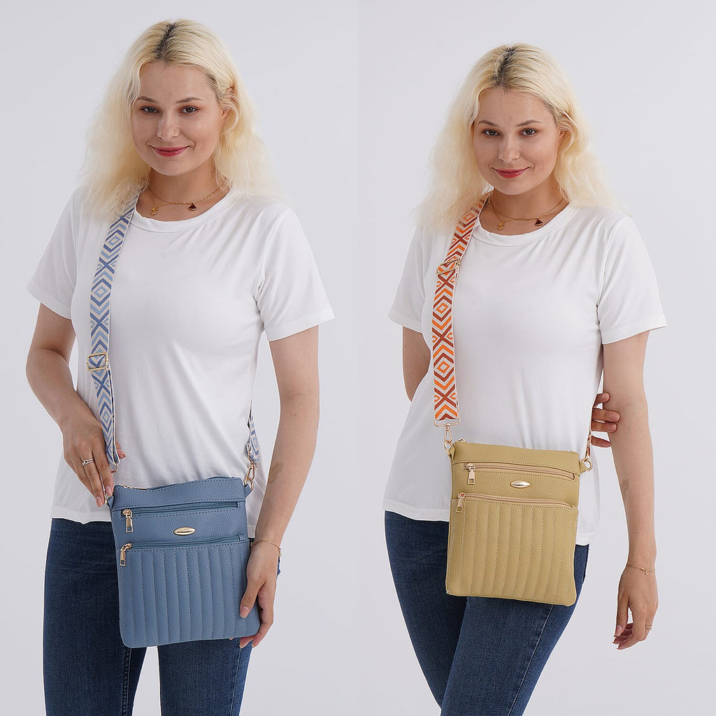 Set of 2 Quilted Crossbody Bags with Patterned Strap - Blue - Olive