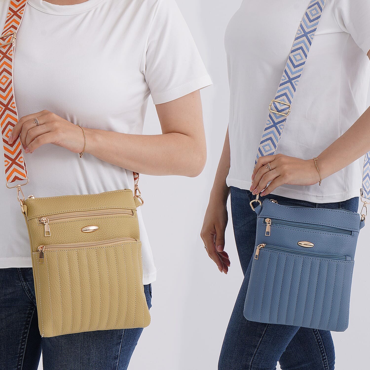 Set of 2 Quilted Crossbody Bags with Patterned Strap - Blue - Olive