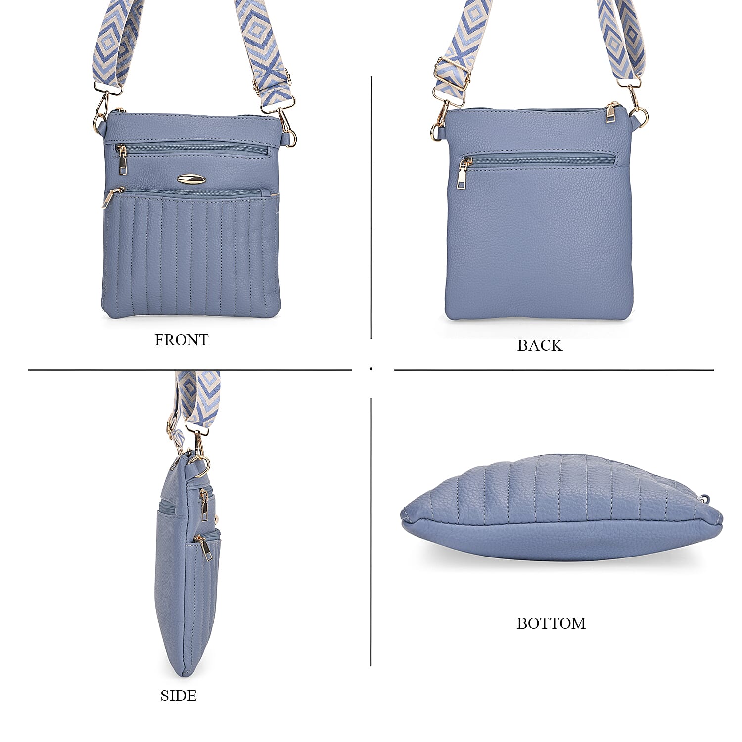 Set of 2 Quilted Crossbody Bags with Patterned Strap - Blue - Olive