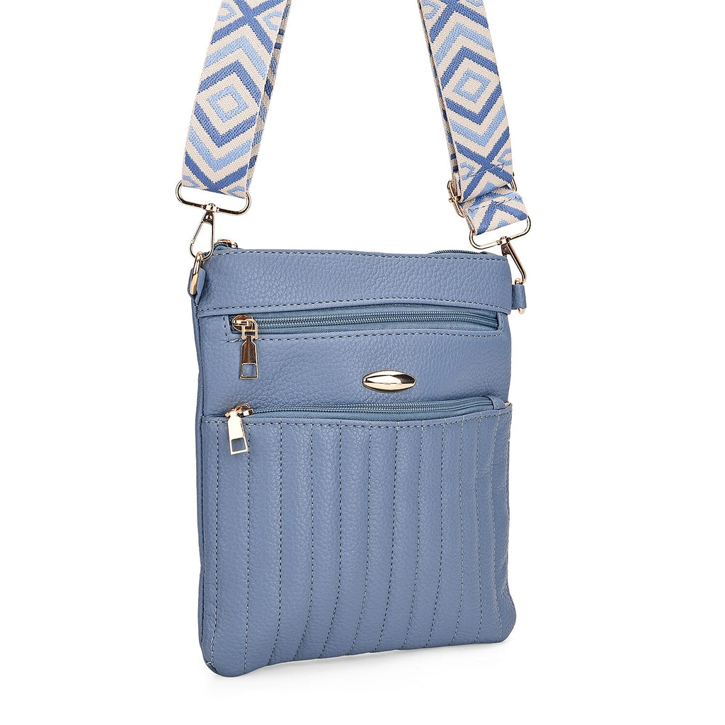 Set of 2 Quilted Crossbody Bags with Patterned Strap - Blue - Olive