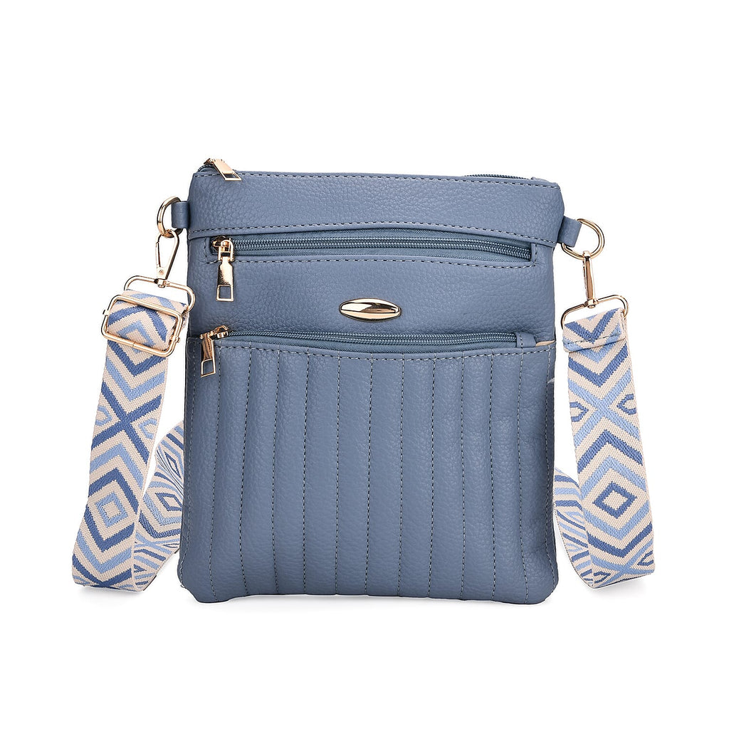 Lifestyle Crossbody Bag with Pleated Detail & Patterned Strap - Denim Blue