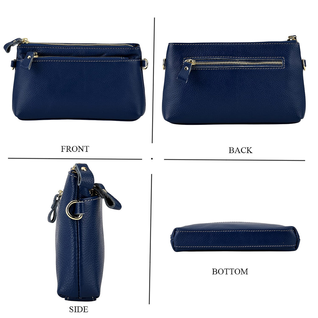 100% Exquisite Genuine Leather Premium Crossbody Bag 3-in-1 Clutch - Wristlet - Navy
