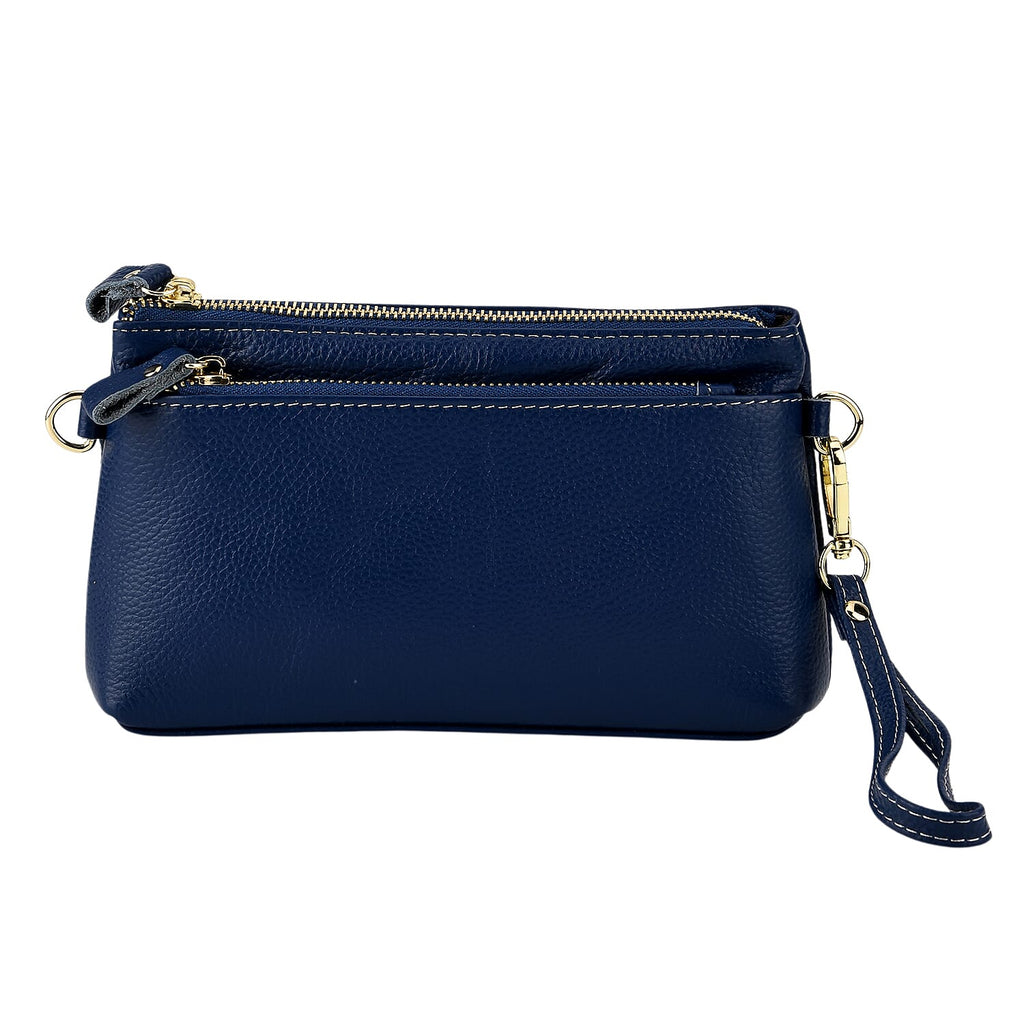 100% Exquisite Genuine Leather Premium Crossbody Bag 3-in-1 Clutch - Wristlet - Navy