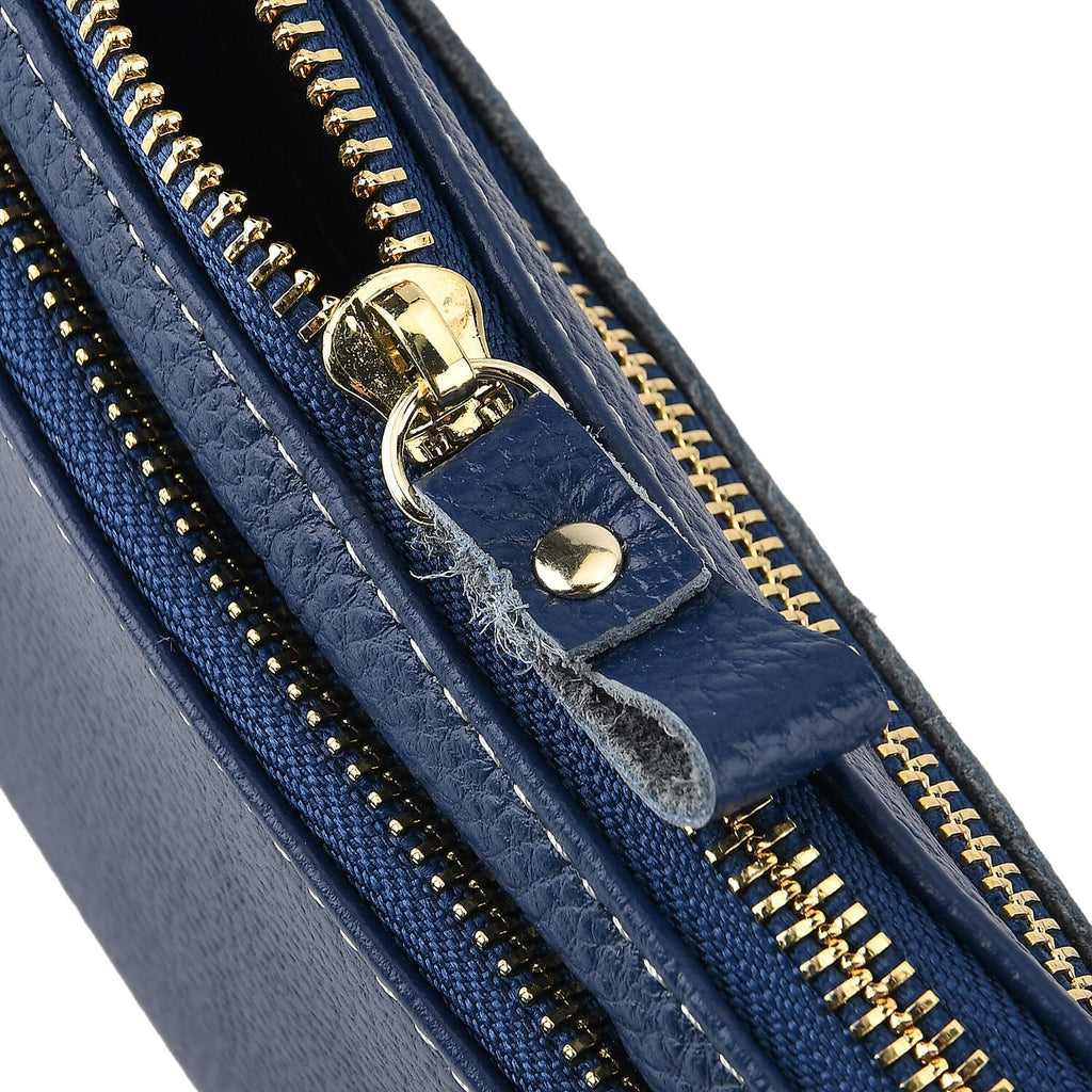 100% Exquisite Genuine Leather Premium Crossbody Bag 3-in-1 Clutch - Wristlet - Navy