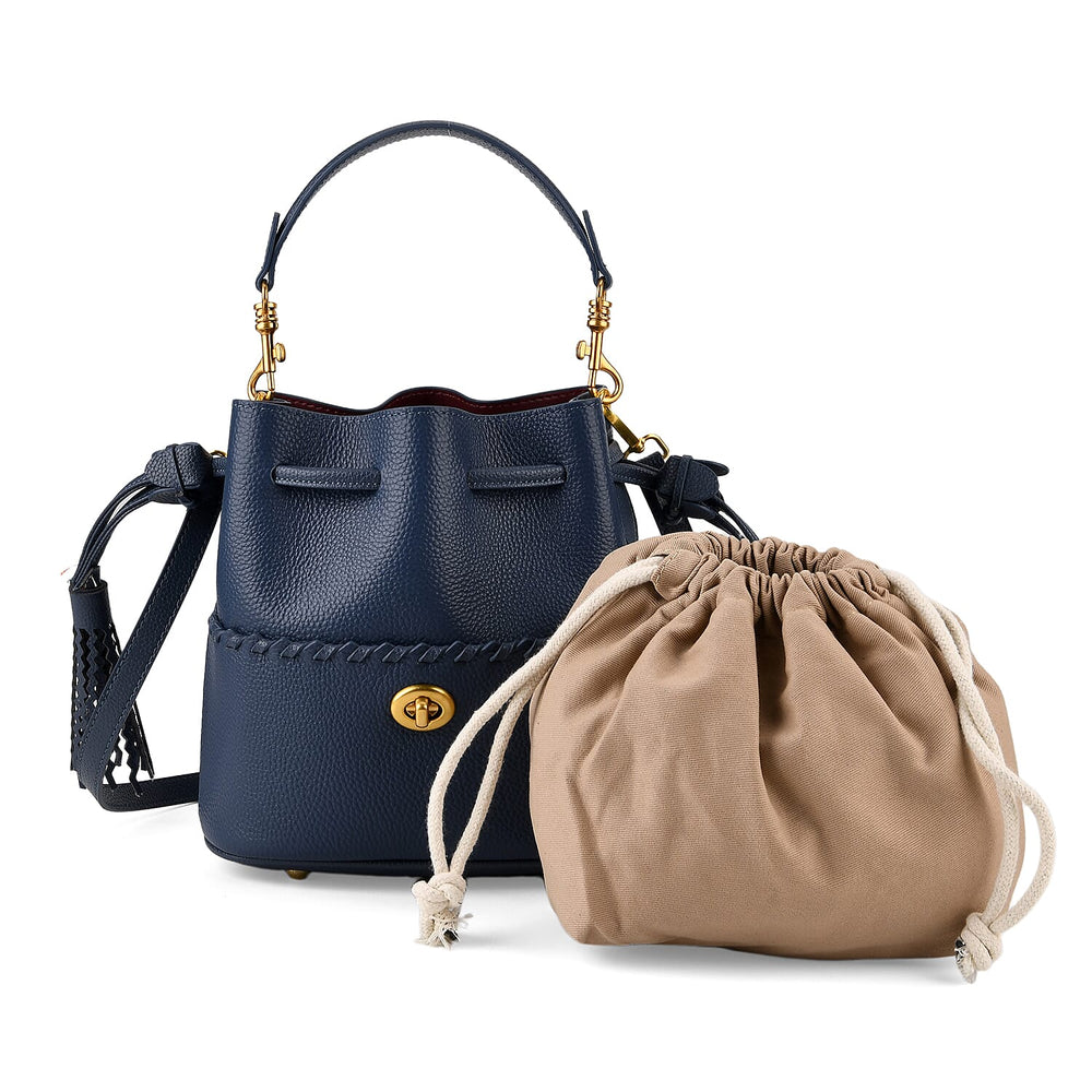 THE AURELLE - Designer Inspired 100% Genuine Premium Leather Crossbody Sinch Bag with Removable Top-Handle, Embedded Fabric Pouch And Gold-Tone Hardware - Dark Blue