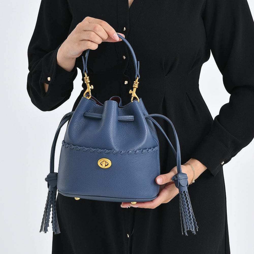 THE AURELLE - Designer Inspired 100% Genuine Premium Leather Crossbody Sinch Bag with Removable Top-Handle, Embedded Fabric Pouch And Gold-Tone Hardware - Dark Blue