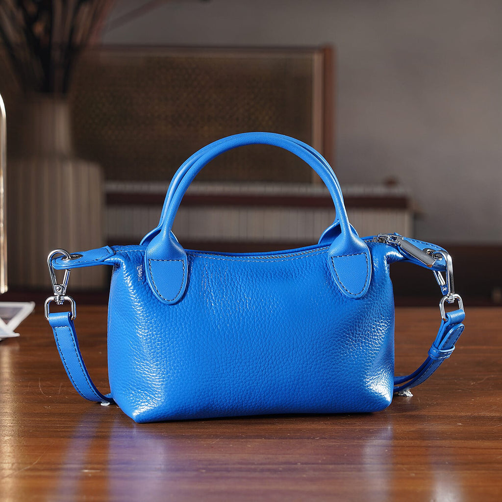 Designer Inspired Genuine Leather Mini Crossbody Bag with Top Handle - Blue