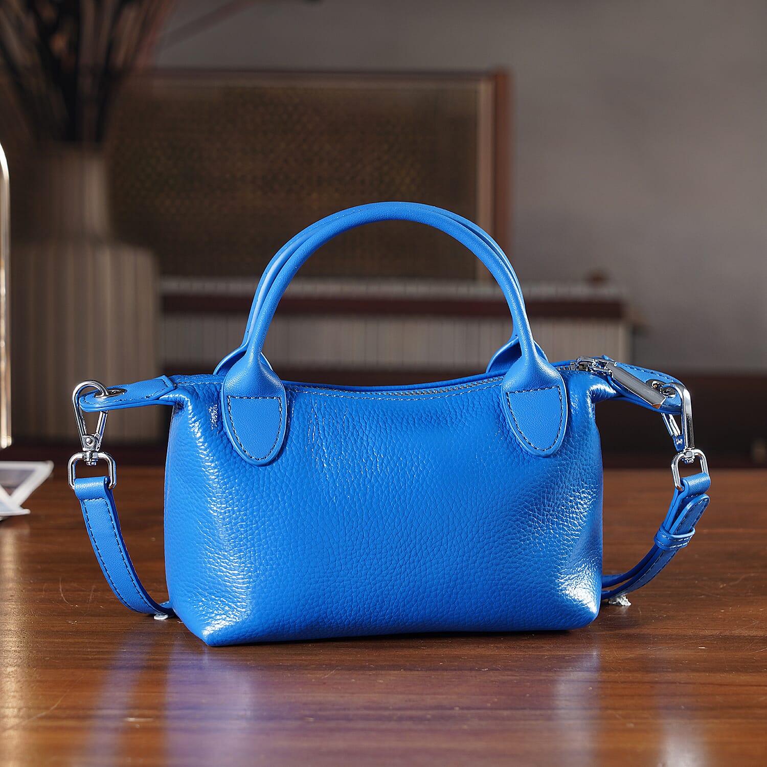 Designer Inspired Genuine Leather Mini Crossbody Bag with Top Handle - Blue