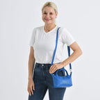 Designer Inspired Genuine Leather Mini Crossbody Bag with Top Handle - Blue