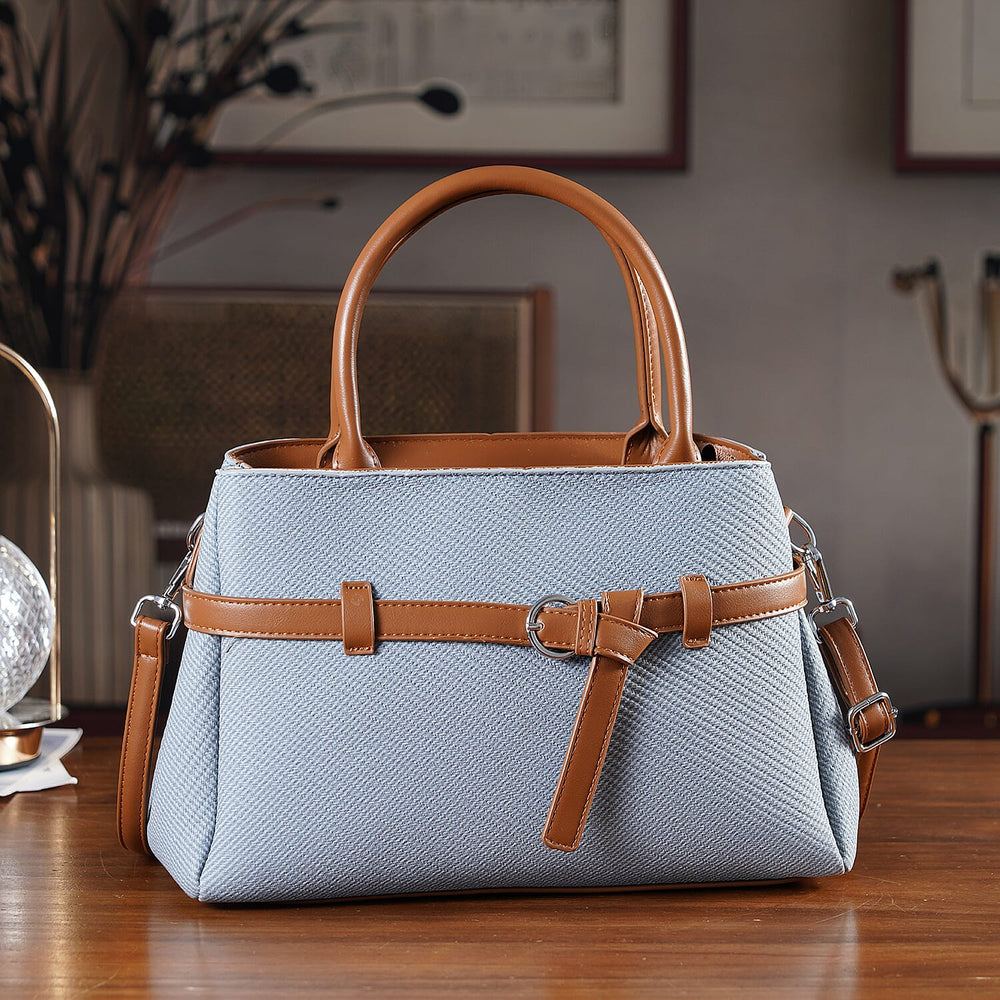 Designer Inspired Satchel-Style Handbag with Belt Detail - Blue