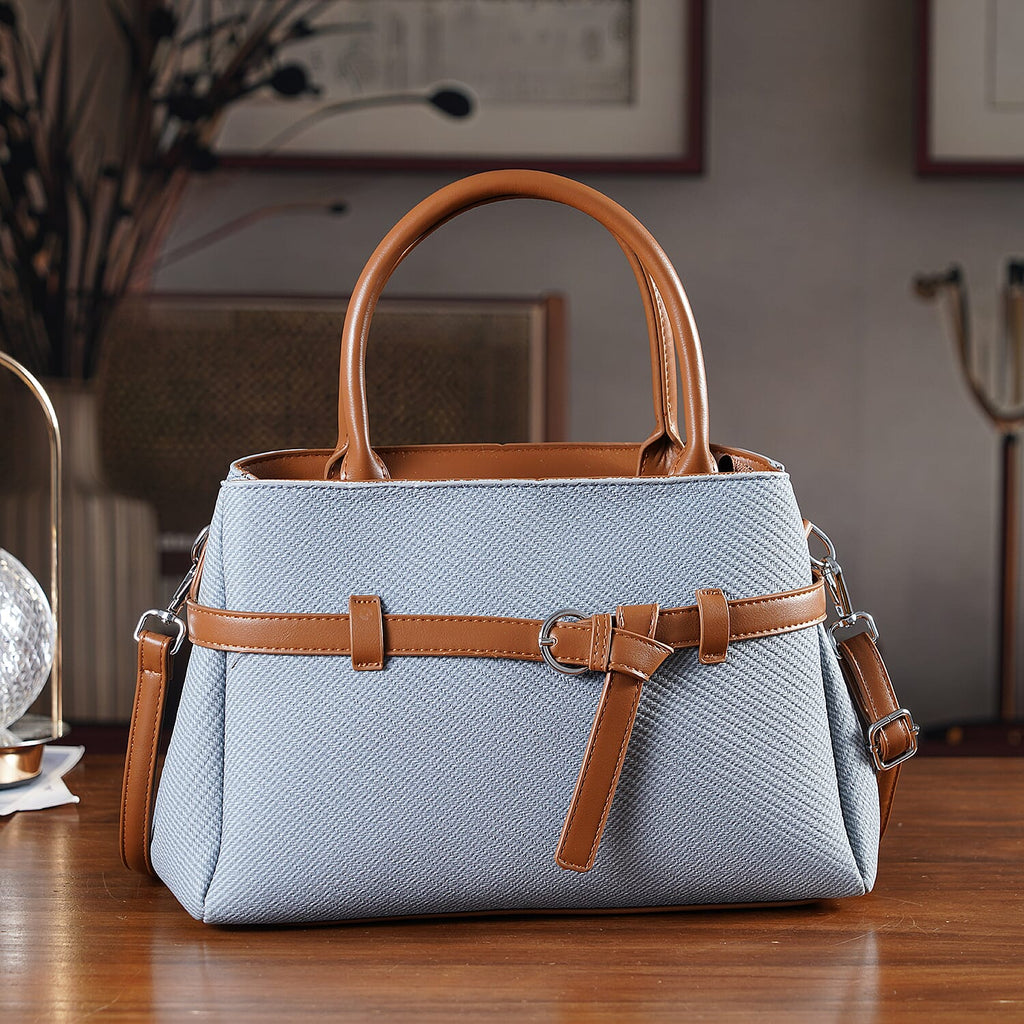 Designer Inspired Satchel-Style Handbag with Belt Detail - Blue