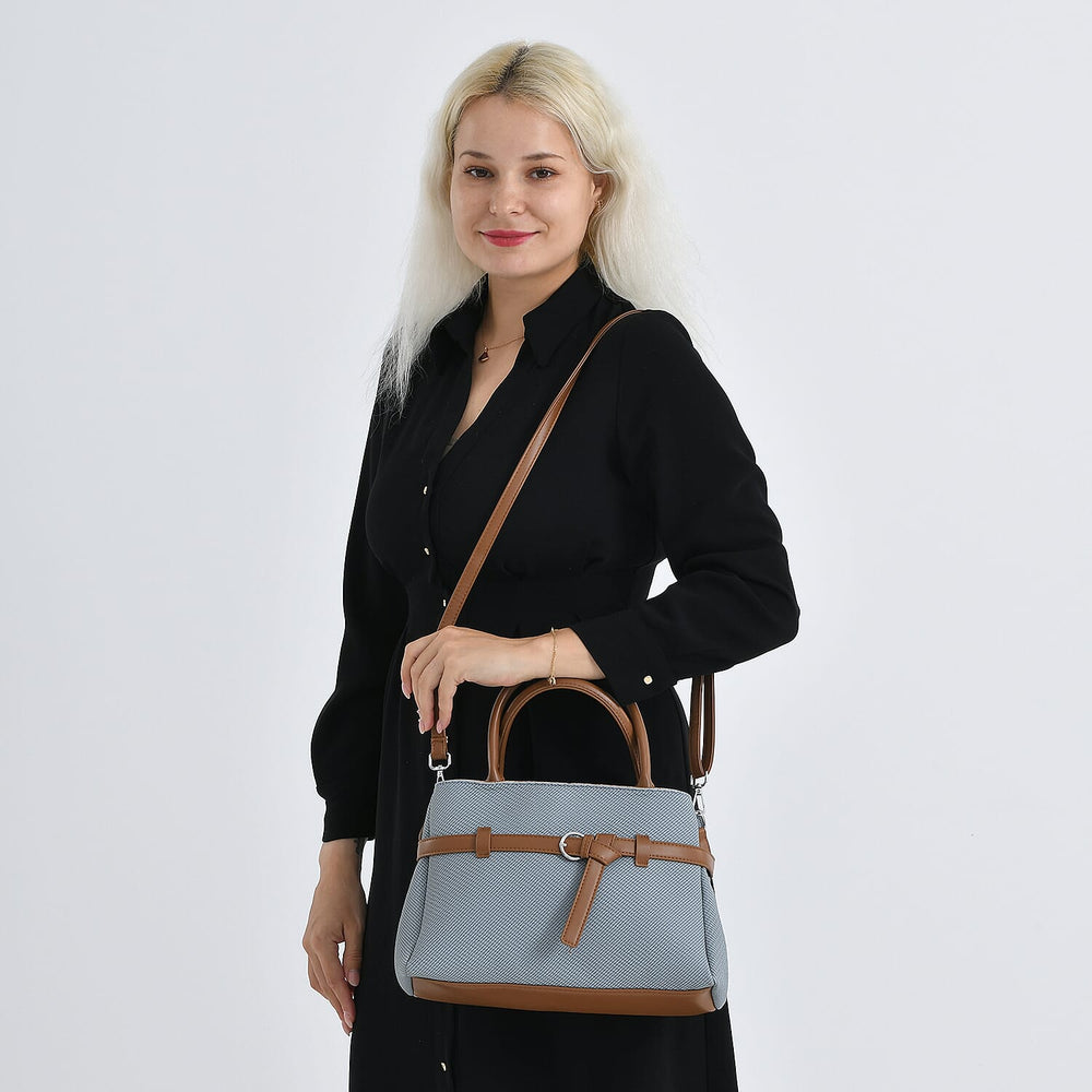 Designer Inspired Satchel-Style Handbag with Belt Detail - Blue