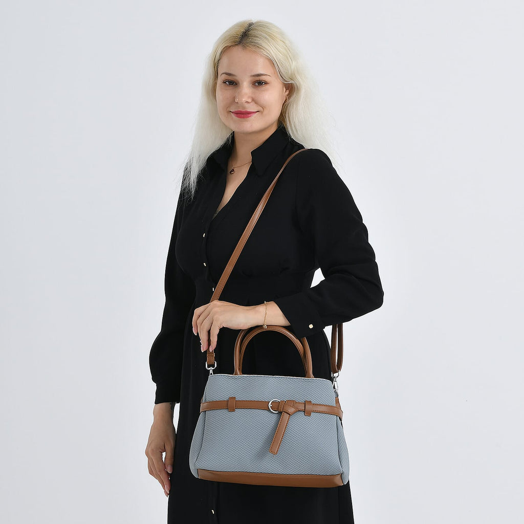 Designer Inspired Satchel-Style Handbag with Belt Detail - Blue
