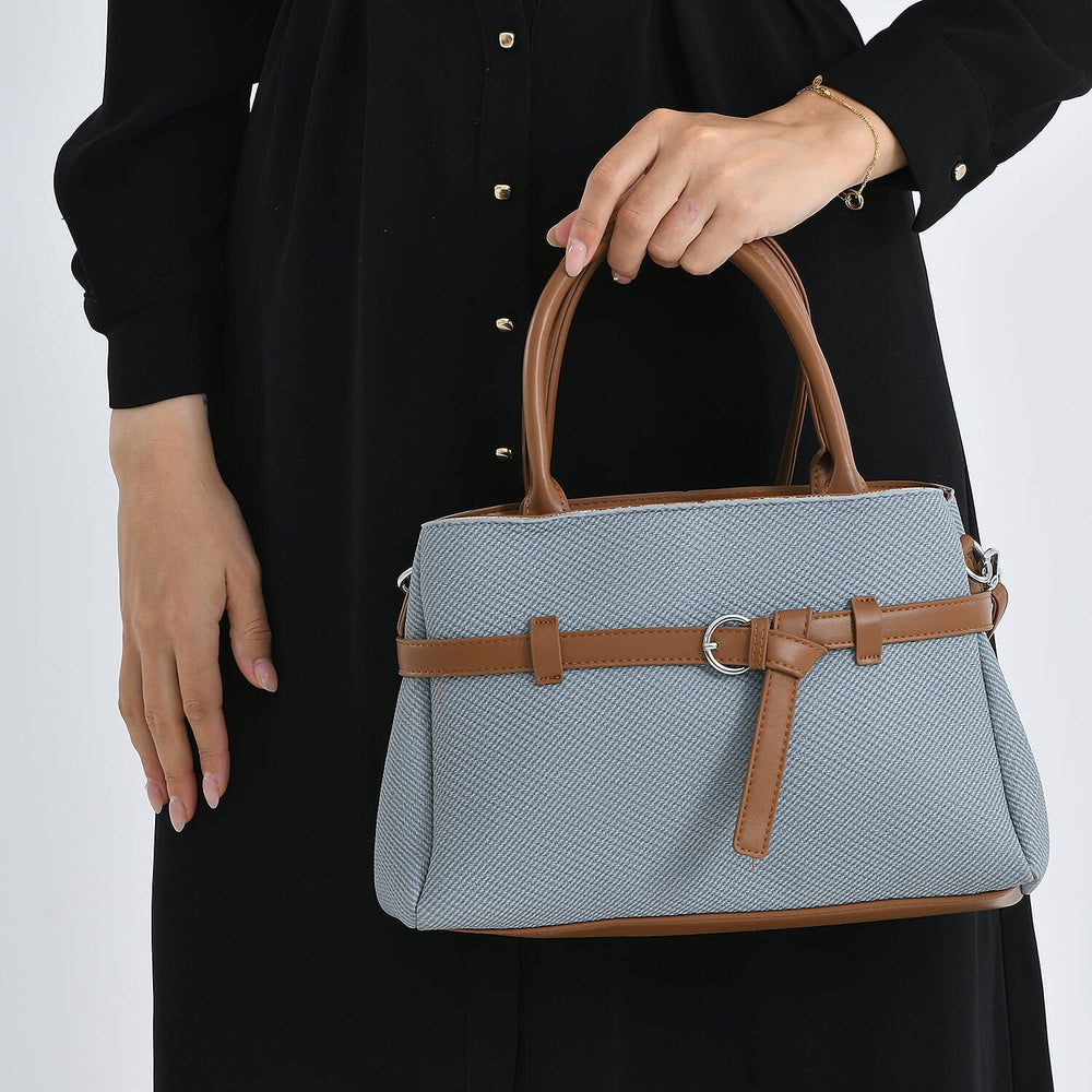 Designer Inspired Satchel-Style Handbag with Belt Detail - Blue