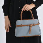 Designer Inspired Satchel-Style Handbag with Belt Detail - Blue