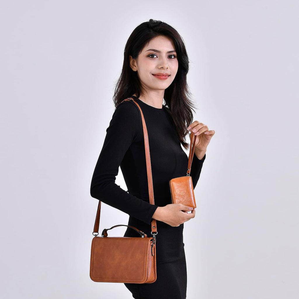 Set of 2- Sling Crossbody Bag with Card Holder - Brown