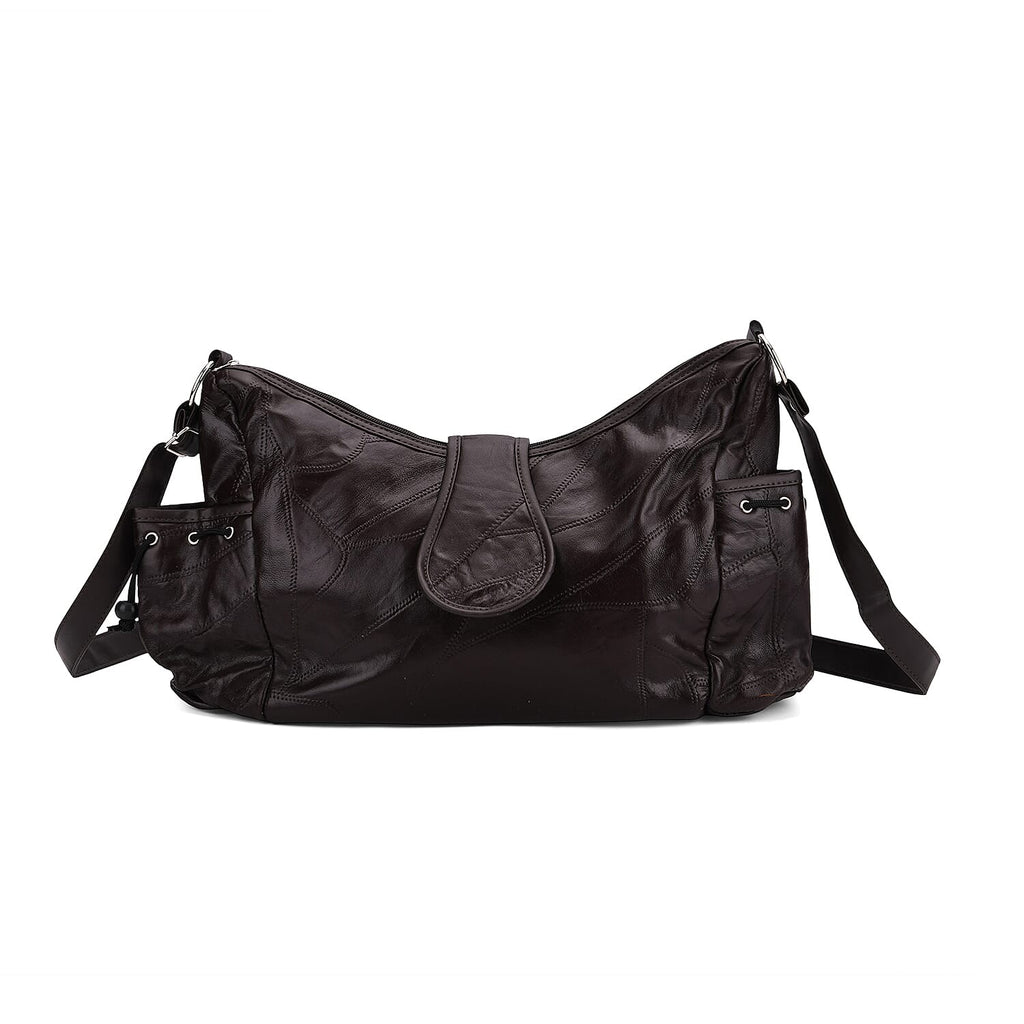 Genuine Leather Slouchy Shoulder Bag with Side Drawstring Pockets - Brown
