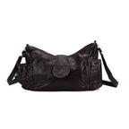 Genuine Leather Slouchy Shoulder Bag with Side Drawstring Pockets - Brown