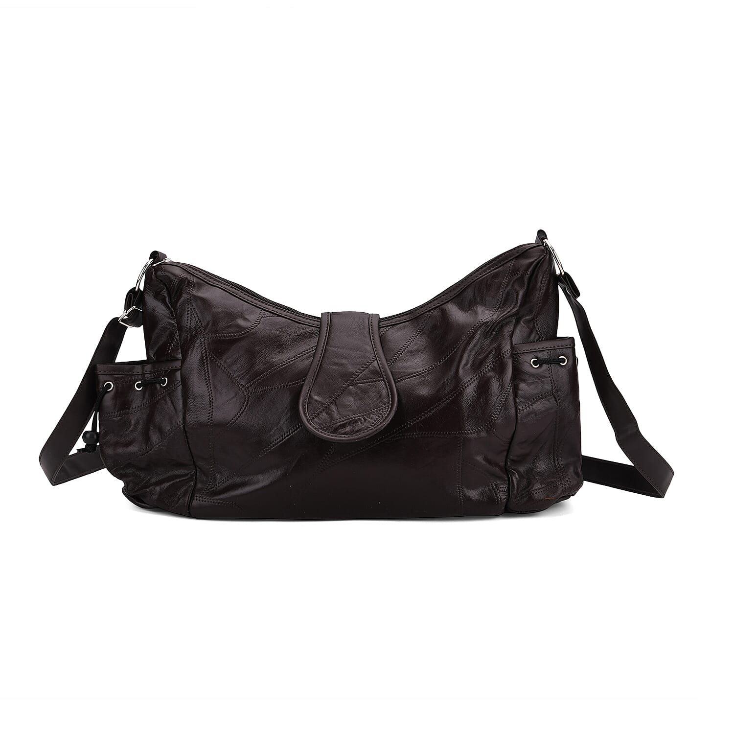 Genuine Leather Slouchy Shoulder Bag with Side Drawstring Pockets - Brown
