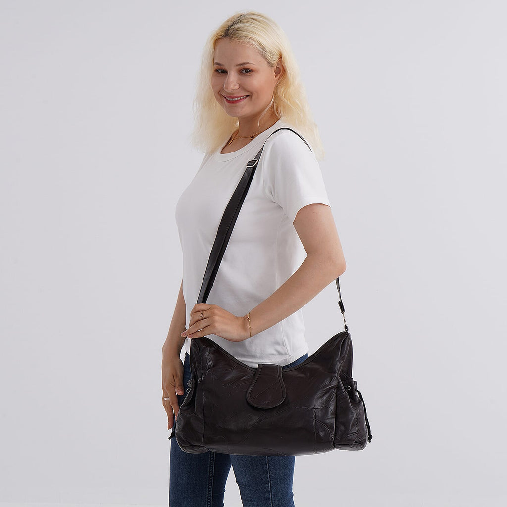 Genuine Leather Slouchy Shoulder Bag with Side Drawstring Pockets - Brown