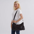 Genuine Leather Slouchy Shoulder Bag with Side Drawstring Pockets - Brown