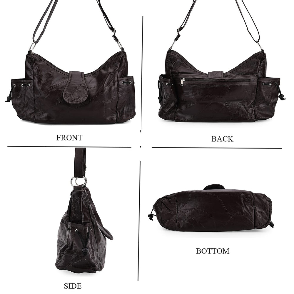 Genuine Leather Slouchy Shoulder Bag with Side Drawstring Pockets - Brown