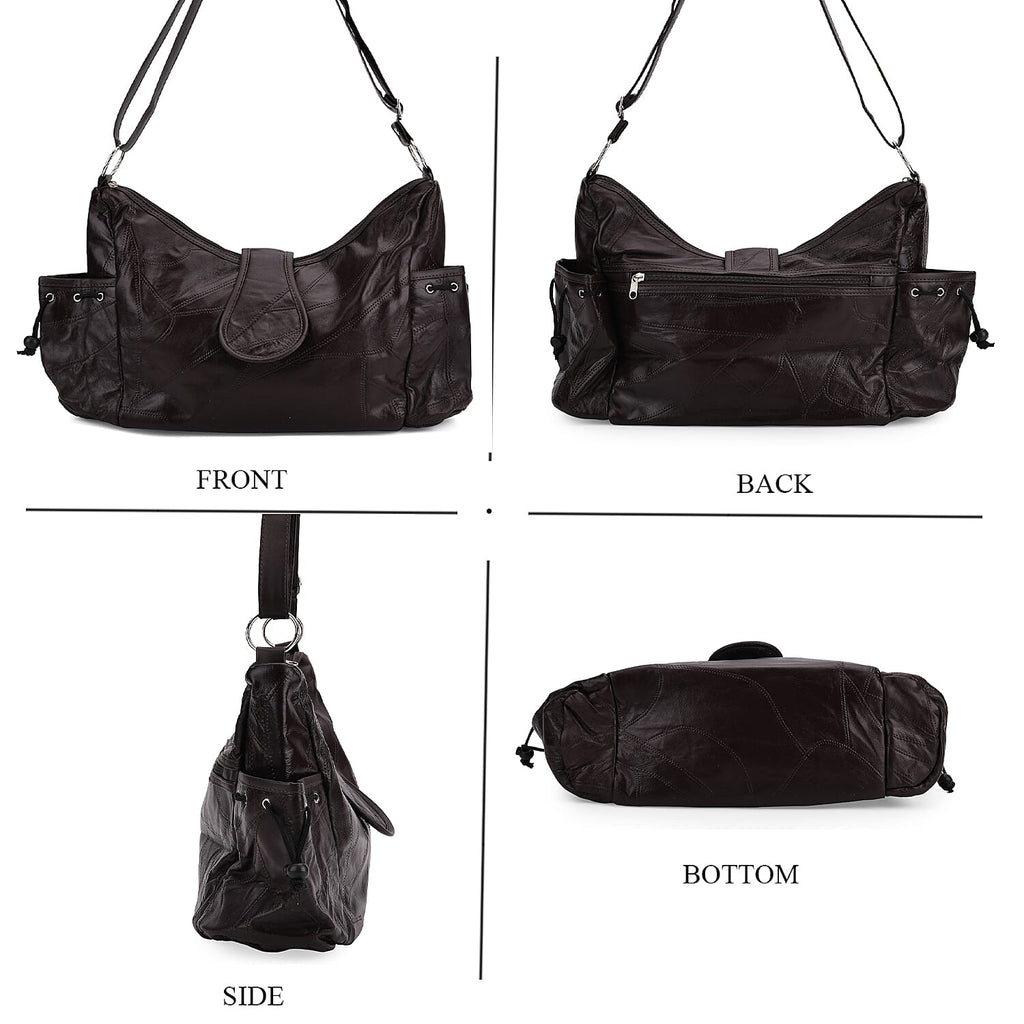 Genuine Leather Slouchy Shoulder Bag with Side Drawstring Pockets - Brown