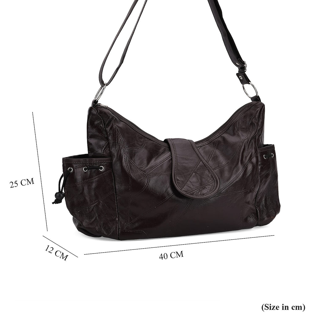 Genuine Leather Slouchy Shoulder Bag with Side Drawstring Pockets - Brown