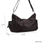 Genuine Leather Slouchy Shoulder Bag with Side Drawstring Pockets - Brown