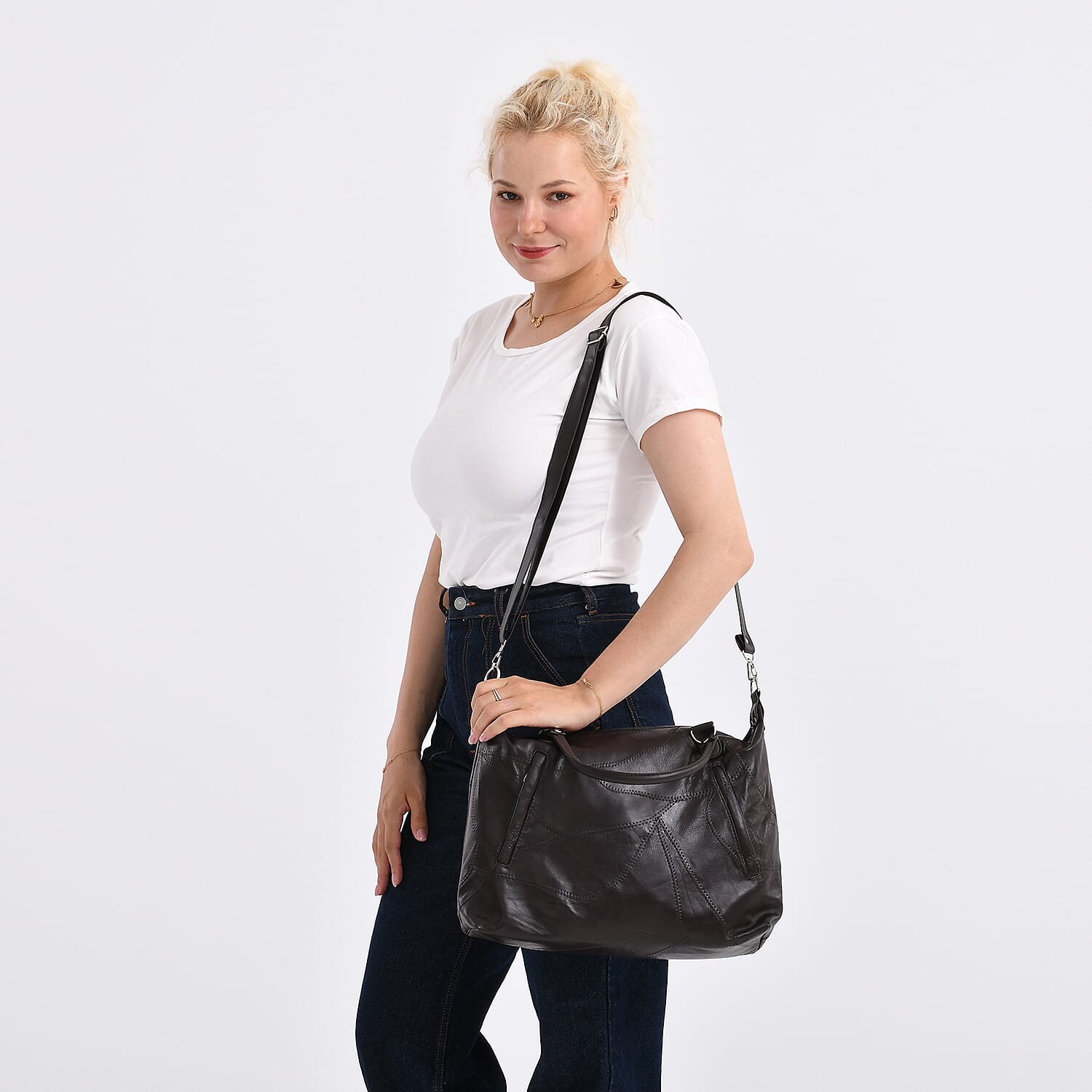 Closeout Deal - Genuine Leather Handbag with Adjustable Shoulder Strap - Brown
