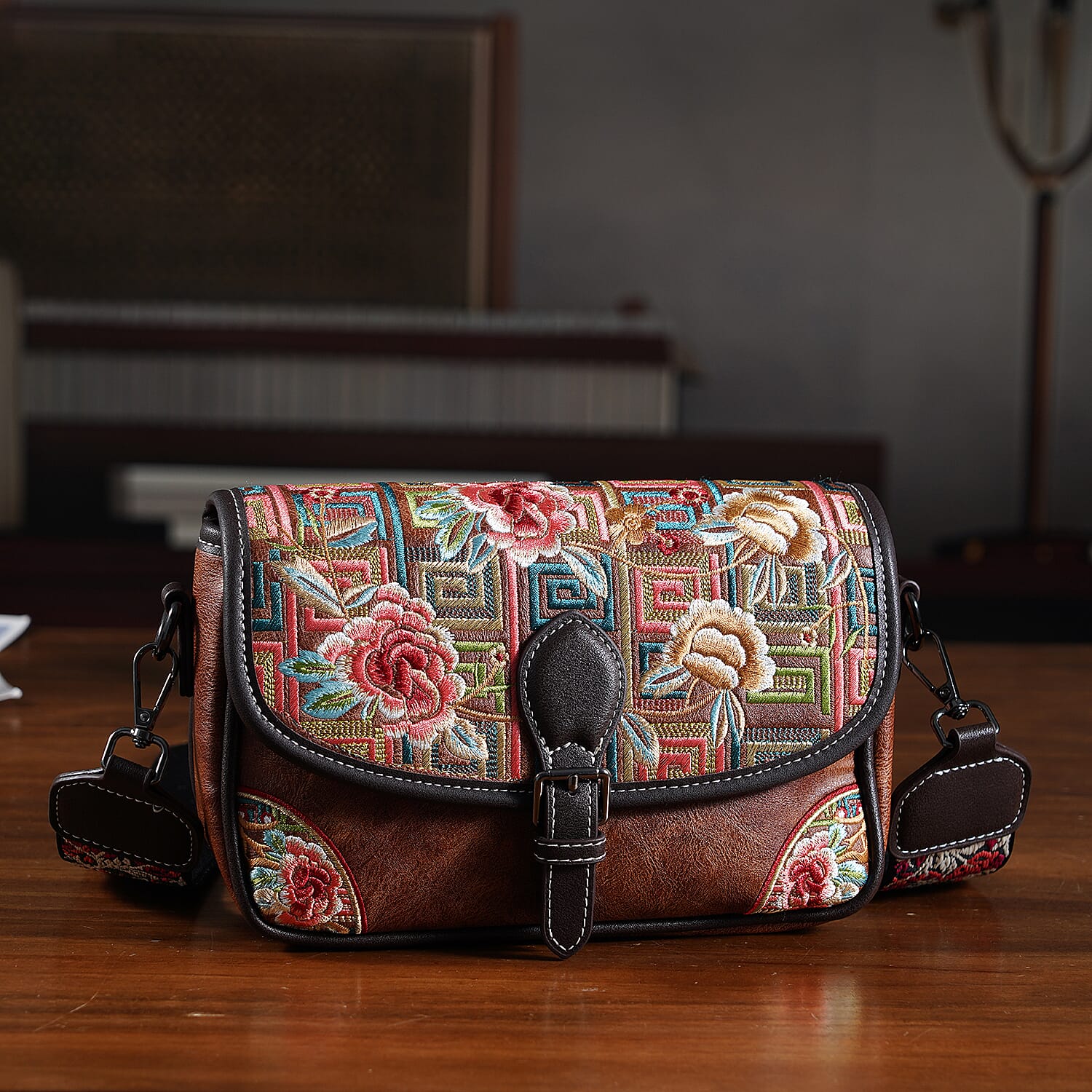 Floral Embroidered Sling Crossbody Bag - Brown