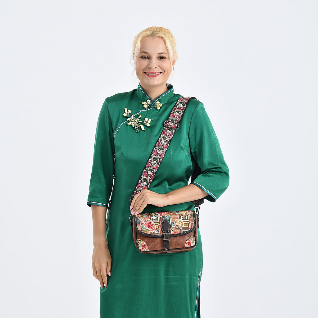 Floral Embroidered Sling Crossbody Bag - Brown