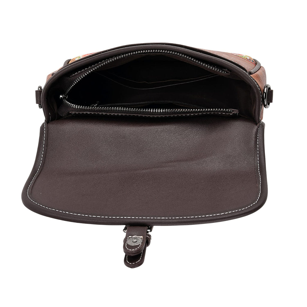 Floral Embroidered Sling Crossbody Bag - Brown