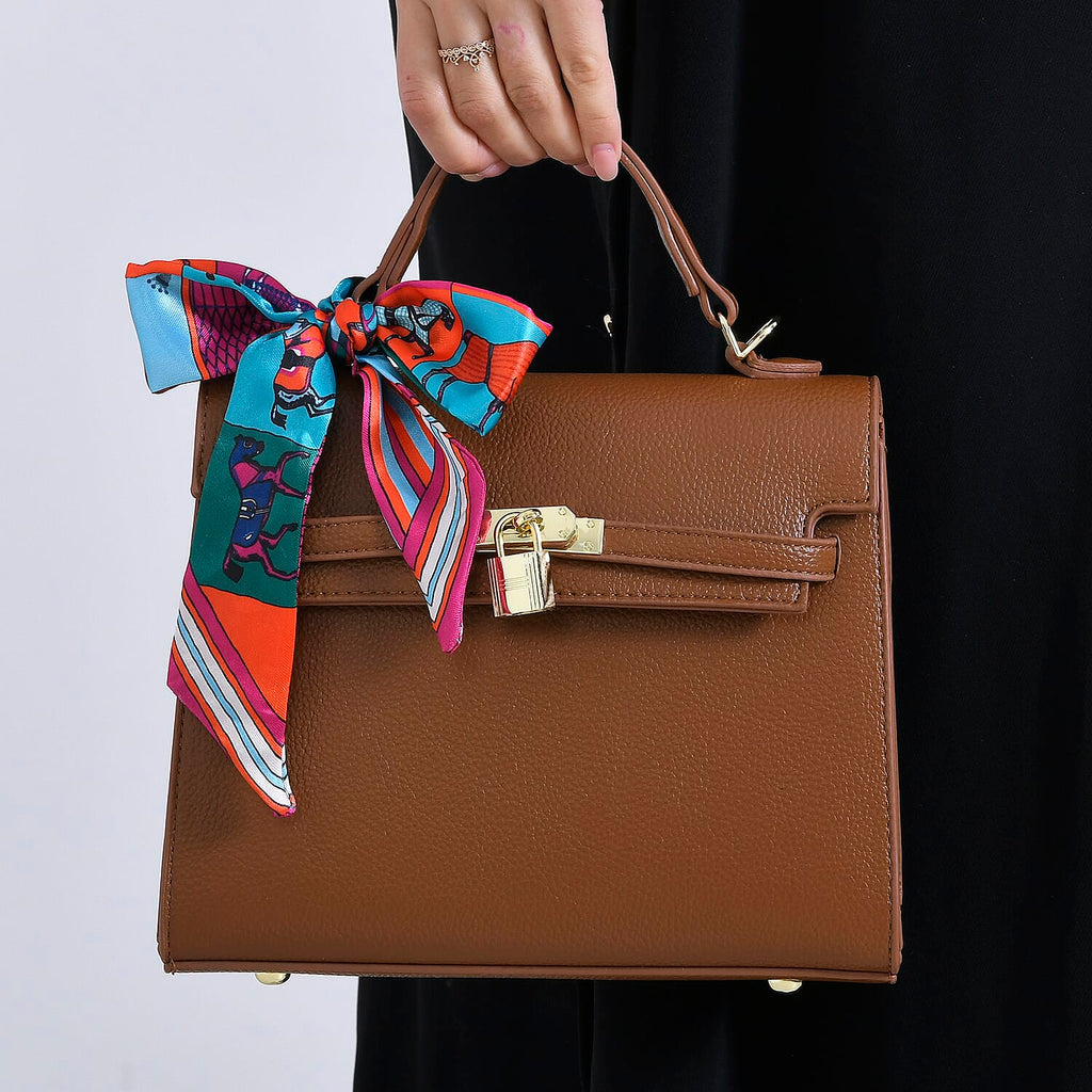 Kelly-Style Shoulder Bag with Scarf Accent & Adjustable Strap - Brown