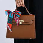 Kelly-Style Shoulder Bag with Scarf Accent & Adjustable Strap - Brown