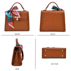 Kelly-Style Shoulder Bag with Scarf Accent & Adjustable Strap - Brown
