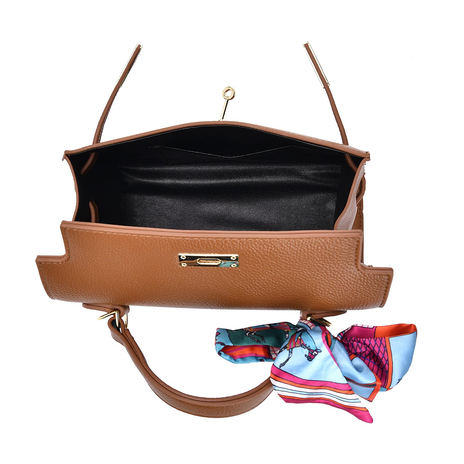 Kelly-Style Shoulder Bag with Scarf Accent & Adjustable Strap - Brown