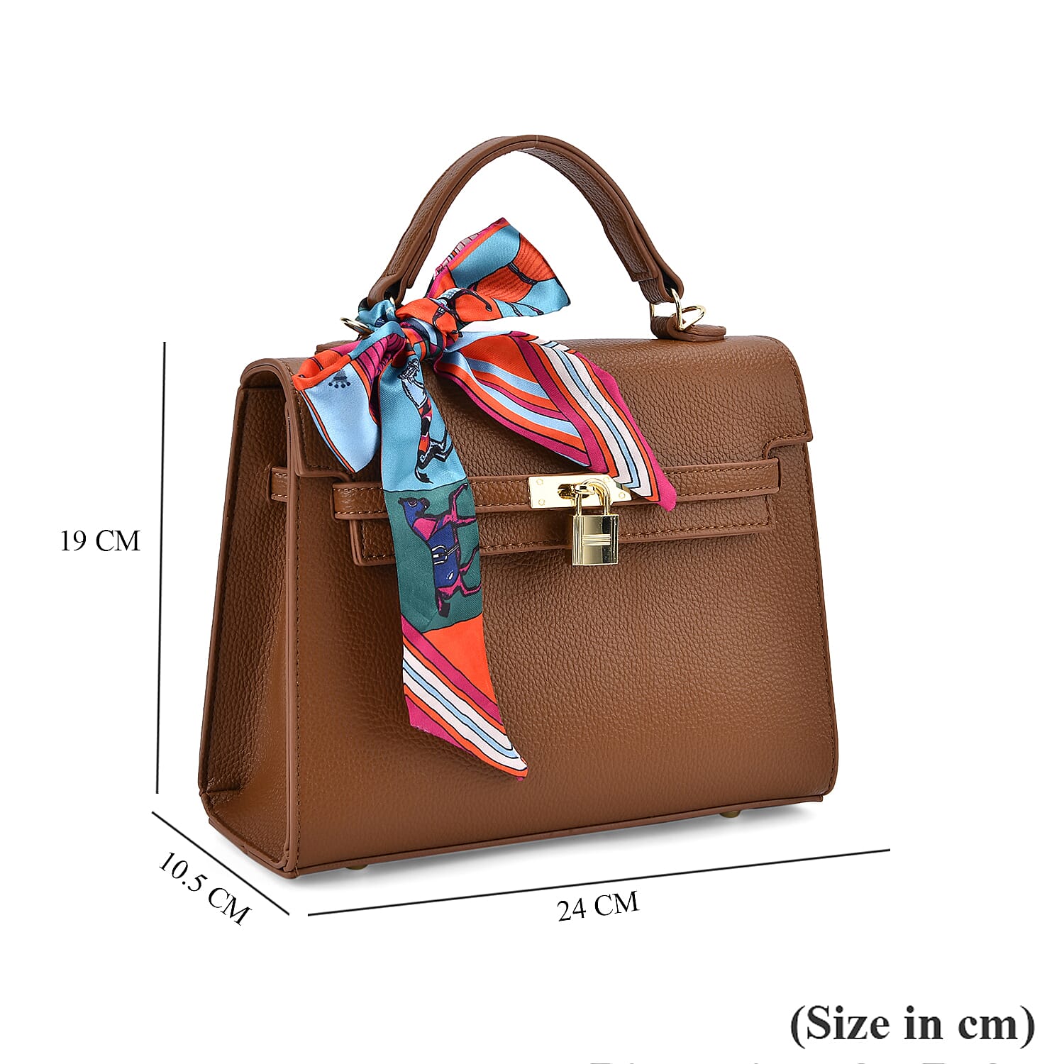 Kelly-Style Shoulder Bag with Scarf Accent & Adjustable Strap - Brown