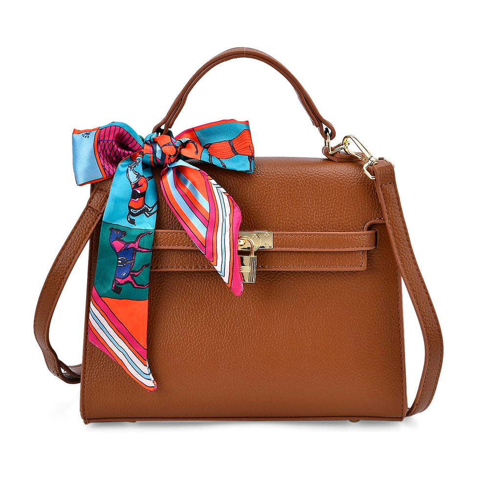 Elegant Crossbody Bag with Scarf & Adjustable Strap - Brown
