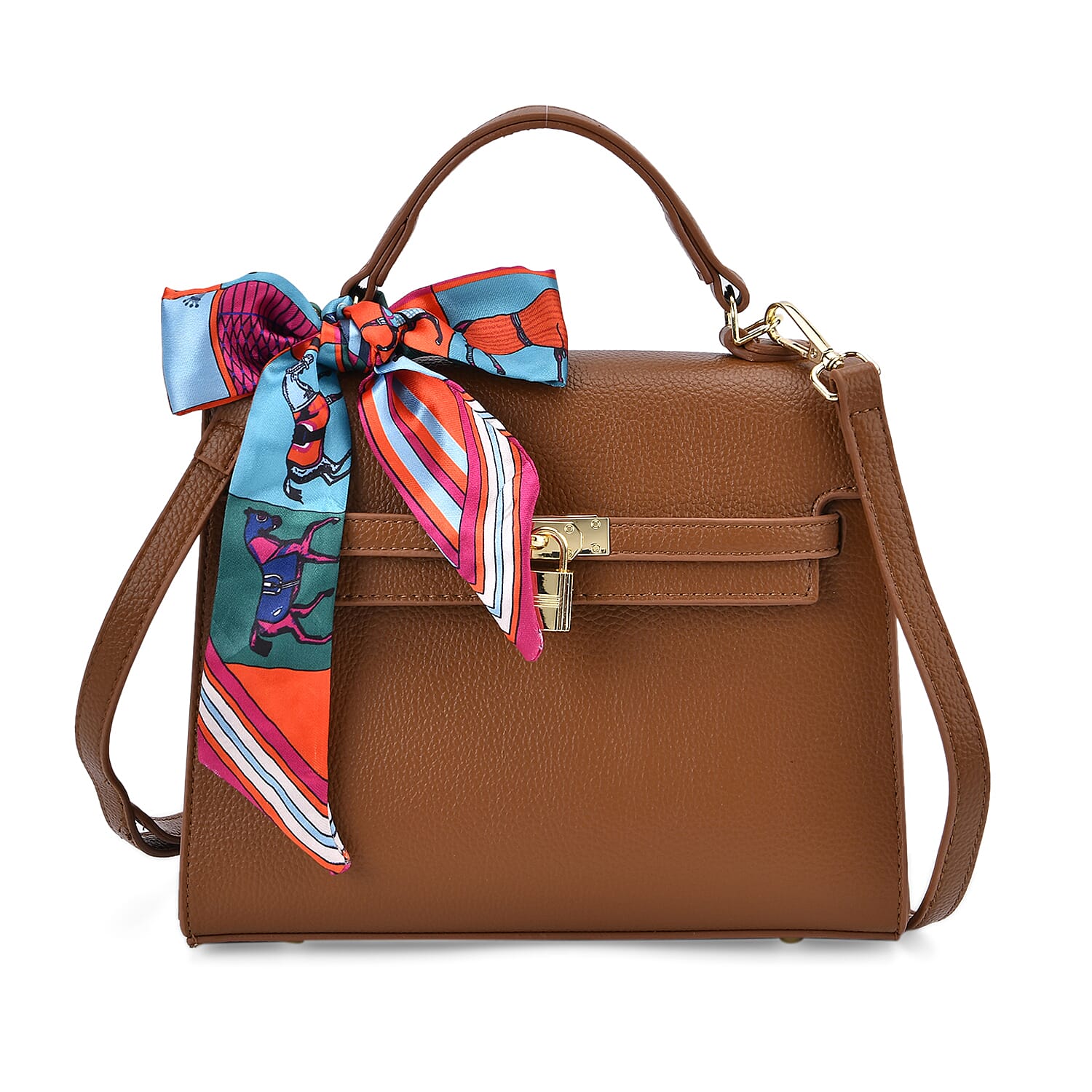 Elegant Crossbody Bag with Scarf & Adjustable Strap - Brown