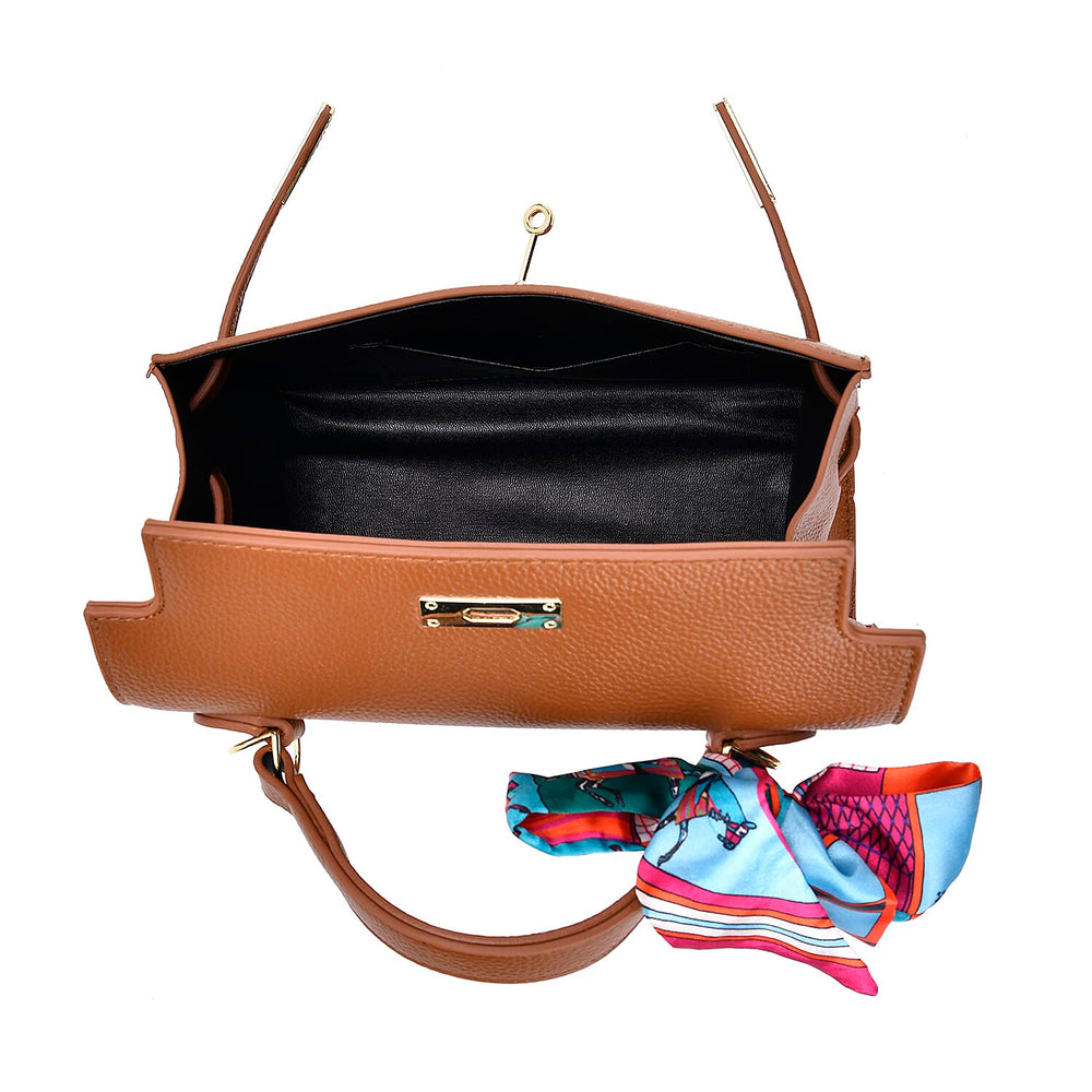 Elegant Crossbody Bag with Scarf & Adjustable Strap - Brown