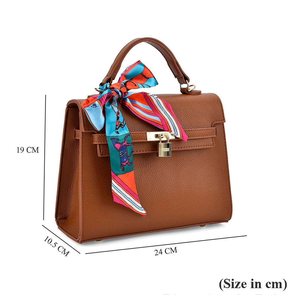 Elegant Crossbody Bag with Scarf & Adjustable Strap - Brown