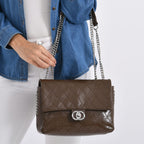 Designer Inspired - 100% Genuine Quilted Leather Crossbody Bag with Chain Strap - Brown