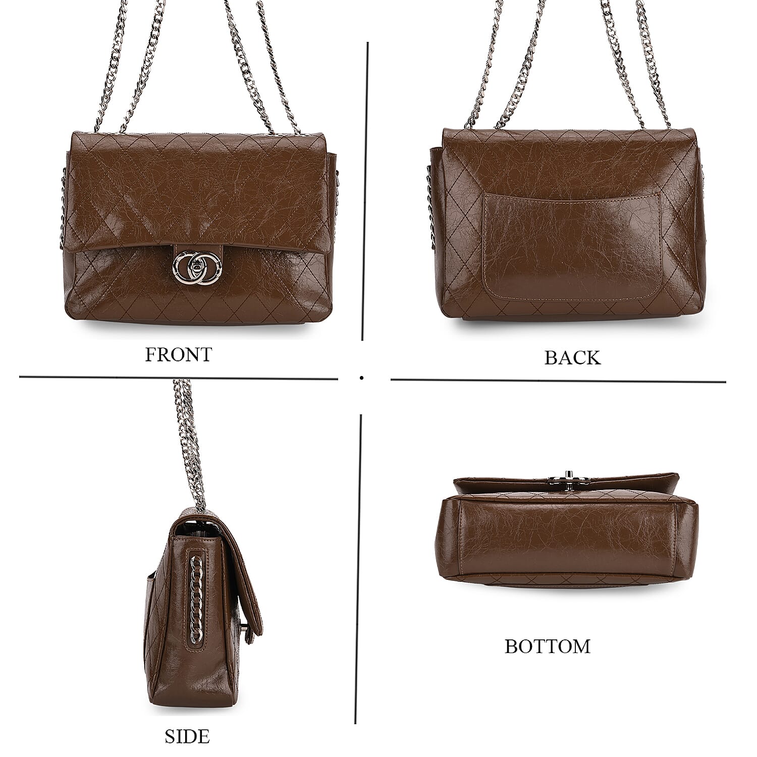 Designer Inspired - 100% Genuine Quilted Leather Crossbody Bag with Chain Strap - Brown