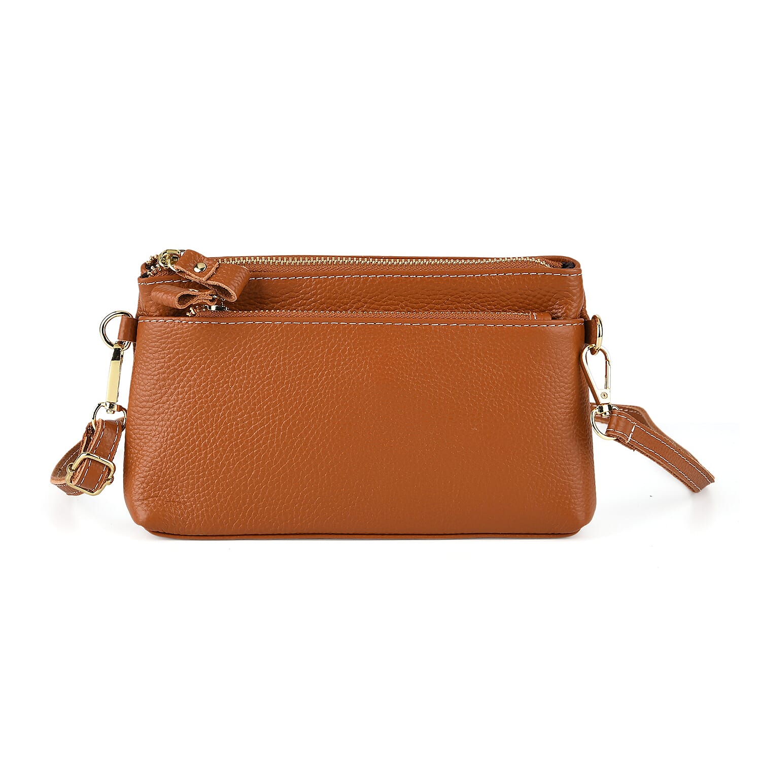 100% Exquisite Genuine Leather Premium Crossbody Bag 3-in-1 Clutch - Wristlet - Tan