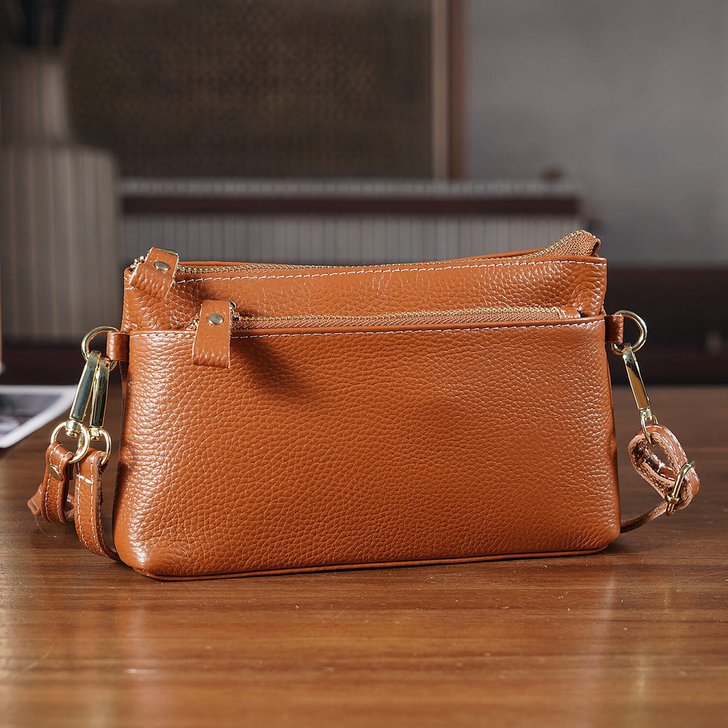 100% Exquisite Genuine Leather Premium Crossbody Bag 3-in-1 Clutch - Wristlet - Tan