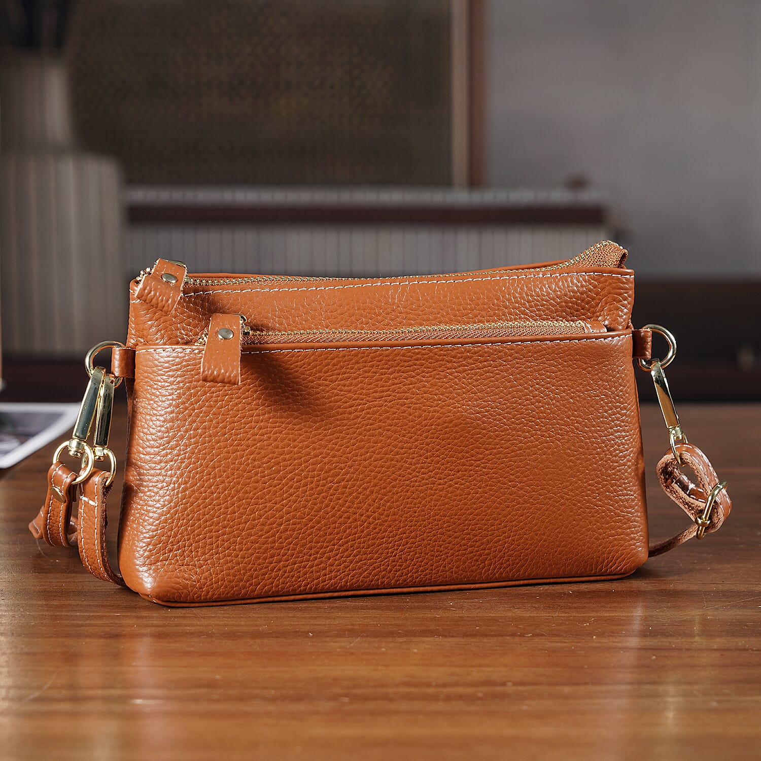 100% Exquisite Genuine Leather Premium Crossbody Bag 3-in-1 Clutch - Wristlet - Tan
